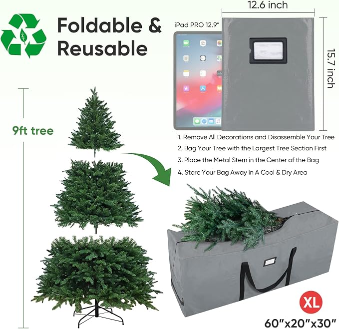 BALEINE 9 ft Christmas Tree Storage Bag, Heavy Duty Extra Large Artificial Christmas Tree Bag with Reinforced Handles and Dual Zippers Wide Opening (Gray, 9 ft)