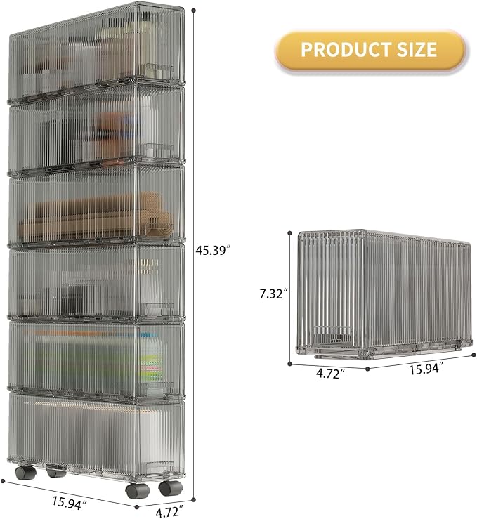 KHNR Slim 6 Tier Bathroom Storage Cabinet with Wheels, Narrow Gap Organizer Shelf, Tower for Shampoo, Towels, Toilet Paper Toiletries, Perfect for Bathroom Corner or Beside Toilet, Clear Grey