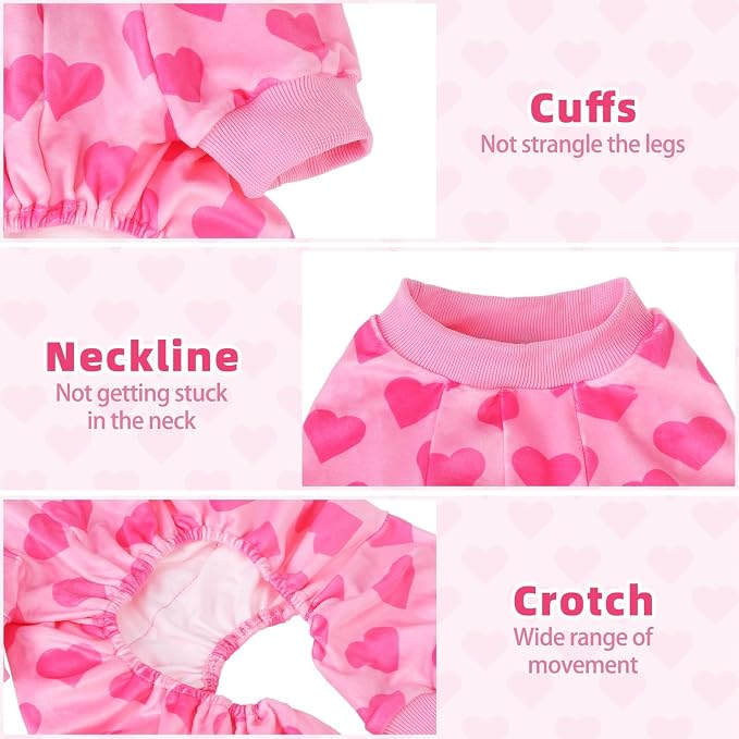 PUPTECK Soft Fleece Pink Heart Dog Pajamas for Small Medium Dogs, Dog Onesie Puppy Sweaters Clothes Jumpsuit Pjs, Cute Jammies Cat Coat Pet Costume Apparel