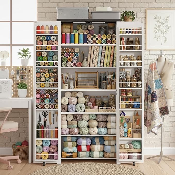Furnaza Farmhouse 72" H Kitchen Pantry Cabinet with Adjustable Shelves | LED Craft Storage Cabinet Cabinet with 2 Barn Doors for Craft Room,Dining Room,Living Room,Home Office,16"D x 30"W