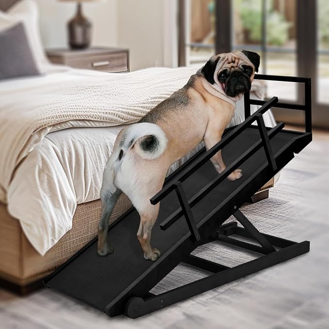 Dog Ramp for Bed & Couch, Foldable Wooden Pet Ramp, 5 Adjustable Heights | Height up to 23.5", Portable Dog Ramp with Non-Slip Rubber Surface & Safety Railings, Pet Ramp for Small, Large, Senior Dogs