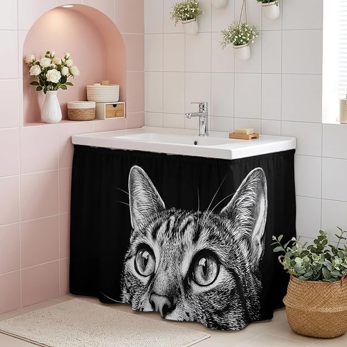 Cute Cat Cabinet Curtain 32"Wx55"L, Dustproof Pantry Door Curtain with Self Adhesive Tape, Vintage Funny Pet Cat Portrait Black Tall Storage Cover Privacy Drape for Bathroom Kitchen Laundry Room