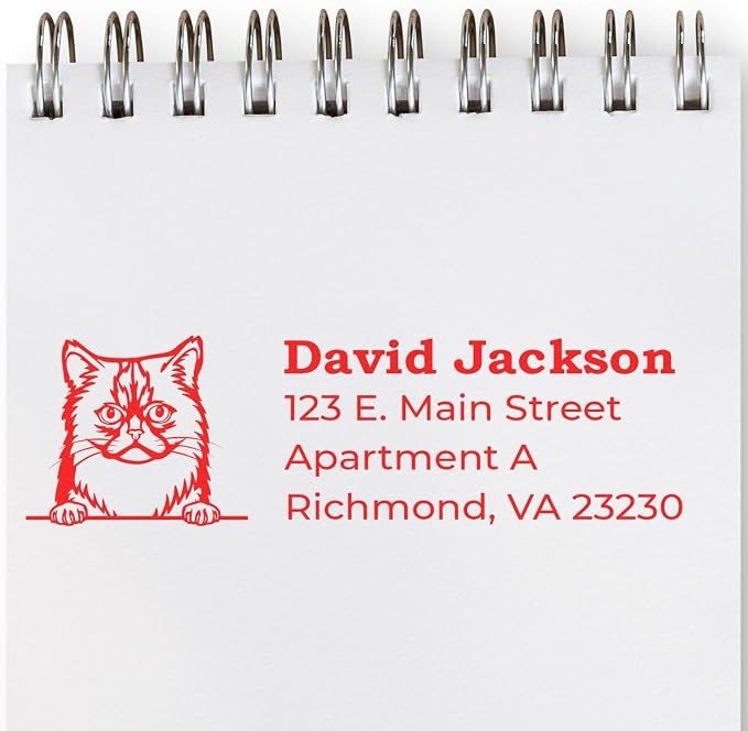 Peeking Asian Semi Longhair Cat Wood Handle Address Stamp - Crisp Imprint | Envelope Stamp with Asian Semi Longhair Cat Design. Customised Address Stamp for Veterinary Offices. 4 lines of custom text.