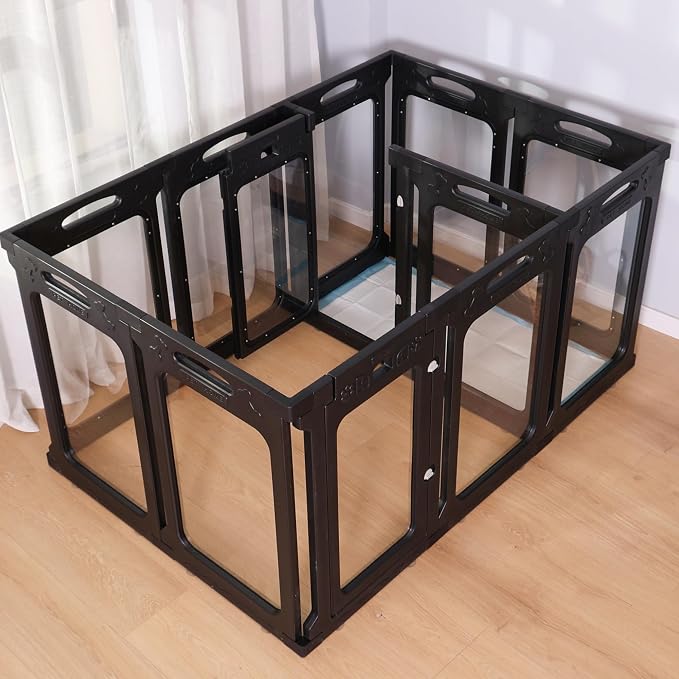 Clear Acrylic Indoor Dog Playpen, 30" H, 2 Panels, Black | Open View, Modern Home Fit, No Climbing Bars, Tool-Free Setup, For Puppies & Small Dogs