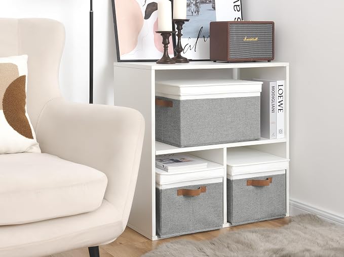 StorageWorks Fabric Storage Bins with Lids, Closet Storage Bins | Lidded Dust-proof, Easy Pull Handles, Foldable, Stackable, Ideal for Clothes Blanket Towel, Jumbo, Gray and White, 3-Pack