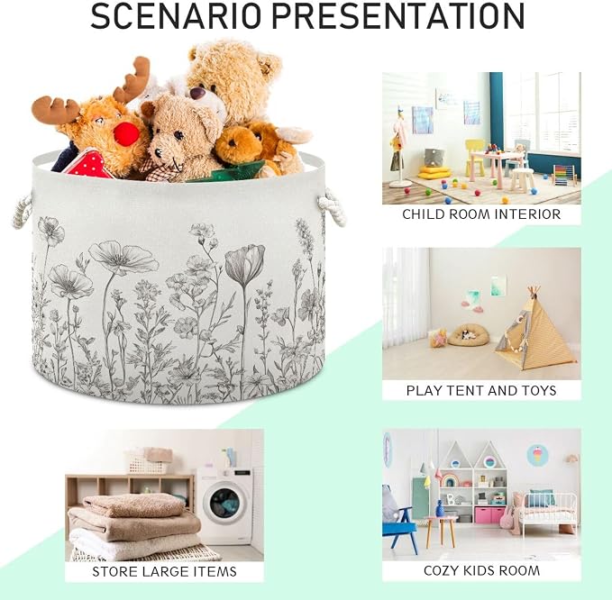 DOMIKING Large Storage Basket for Toys Floral Flower White Storage Bin Box Organizer Basket for Nursery Laundry Hamper Books Home Decor