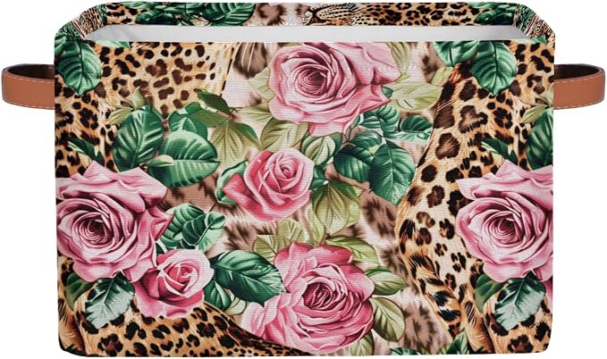 Leopard Print Floral Flower Storage Basket Storage Cube Basket Bins | Collapsible Cloth with Handles Rectangular Toys Nursery Bedroom Home Office