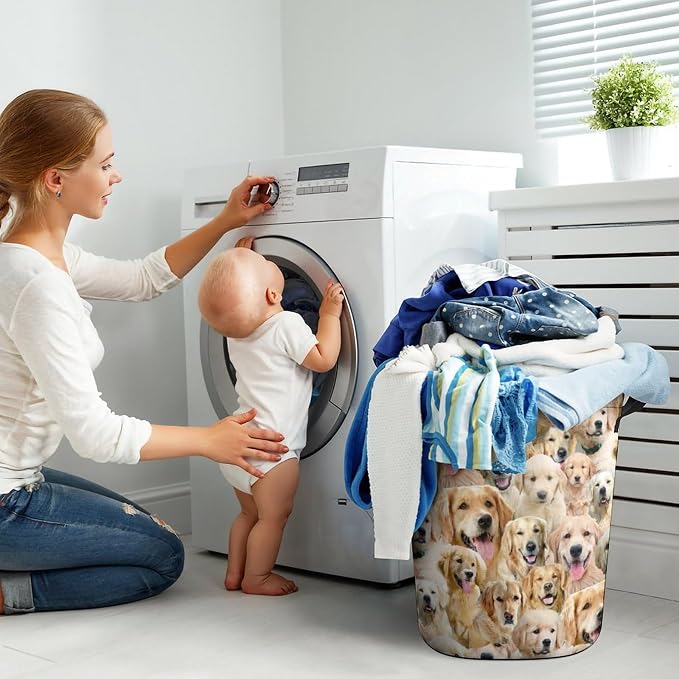 Large Laundry Hamper for Golden Retriever Lover, Waterproof Laundry Basket with Handle, Golden Retriever Print Collapsible Clothes Storage Organization for Bathroom Bedroom Laundryroom