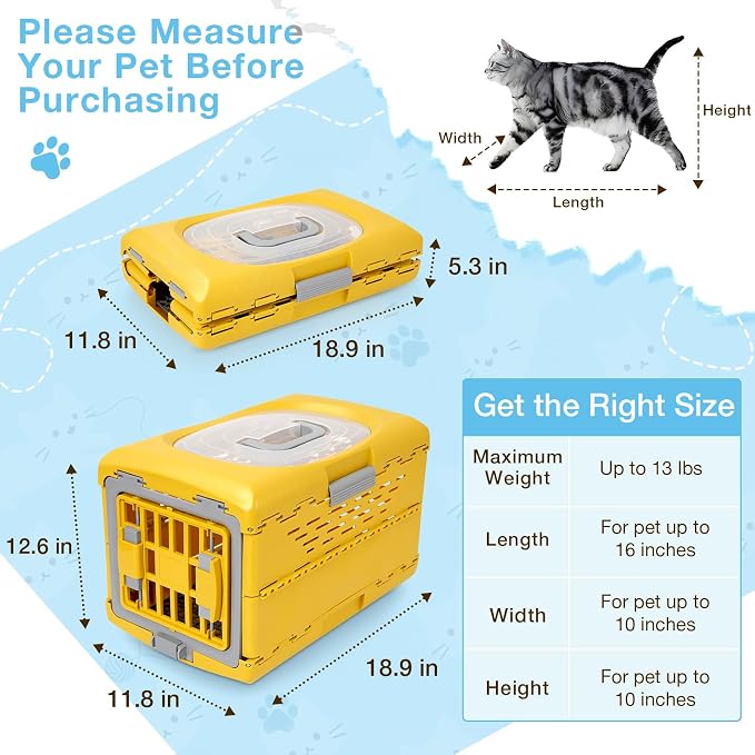 Collapsible Pet Carrier for Cat, Plastic Cat Carrier Hard for Travel | 360° Airflow, Secure Lock, Pet Crate Up to 13 LBS, Fit for Camping & Vet Visits, 18.9" L x 11.8" W x 12.6" H