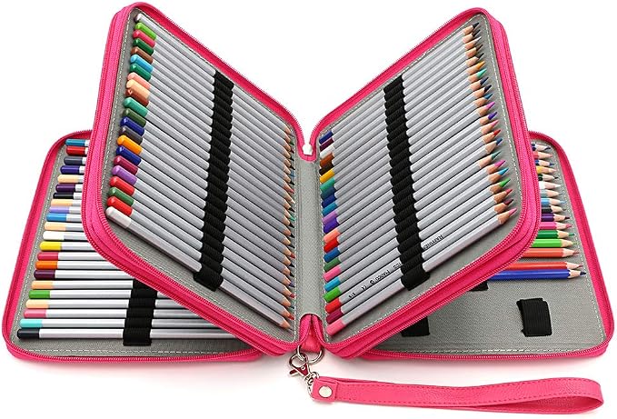 BTSKY Deluxe PU Leather Pencil Case For Colored Pencils - 120 Slot Pencil Holder with Handle Strap Handy Colored Pencil Box Large (Rose Red) | Pencil Holder with Handle Strap Handy Colored Pencil Box Large for Artists, Adults Coloring, Sketching, Drawing