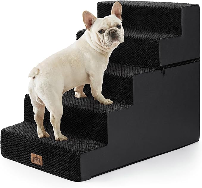 COZY KISS Dog Stairs for Small Dogs, 5 Step Pet Stairs for Beds & Couches | 23.6" H Wide Non-Slip Dog Steps with Removable Tiers & Support Board for Puppies, Older Cats & Dogs, Black