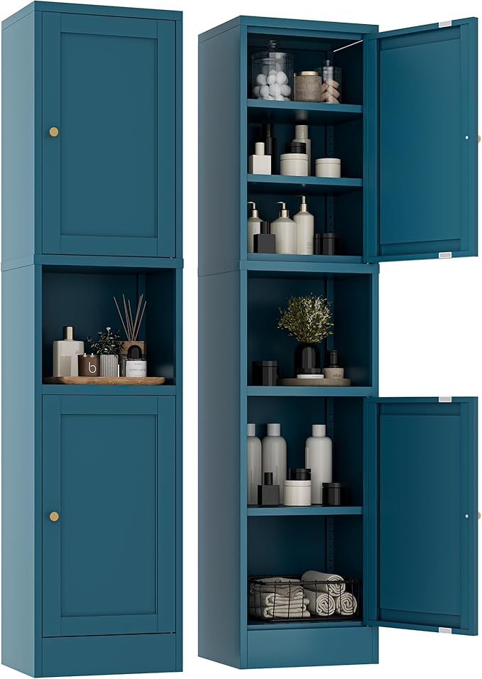 YAUWOH 2-Door Metal Storage Cabinet, Tall Slim Pantry Organizer with 3 Adjustable Shelves (120LBS/Shelf), Anti-Tipping Waterproof Cabinet for Bathroom/Kitchen/Home Office/Small Spaces,(1PC,Blue)