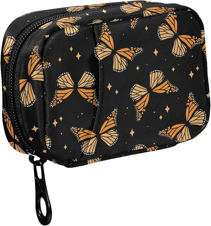 Fustylead Beautiful Monarch Butterflies and Shining Stars Pill Organizer Case with Zipper 2 Times A Day for Vitamin and Supplement, 7 Day Travel Organizer Medicine Case