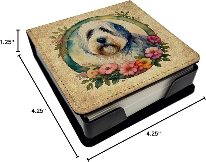 Caroline's Treasures Old English Sheepdog and Flowers PU Leather Note Paper Holder with Artist-Designed Cover, Desk Accessory, Office Gift