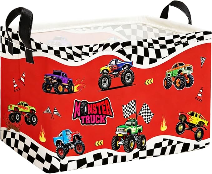 Essme Rectangular Kids Basket,Car Storage Bins Organizer with Handles for Boys Room Decor, Gift Basket,Shelf Basket.(Red Car)