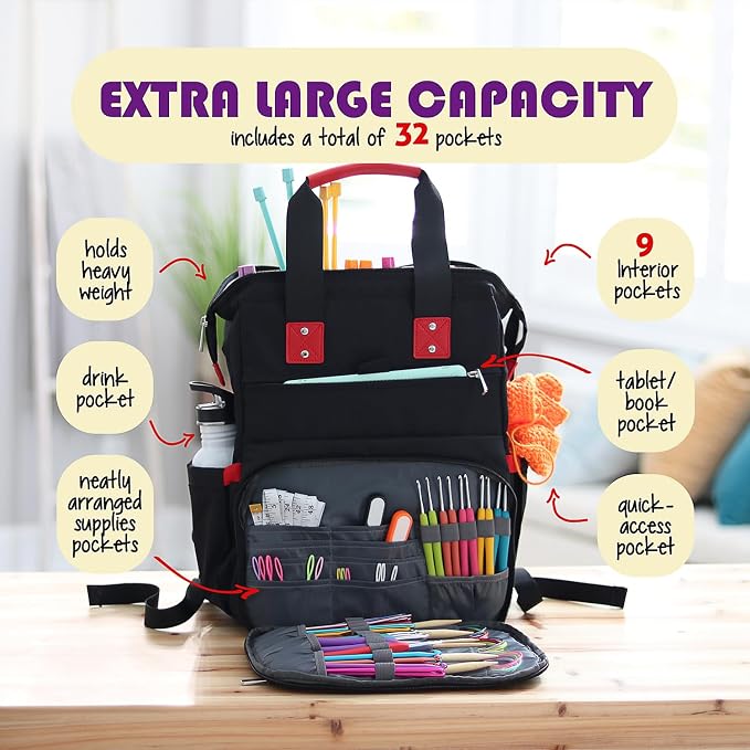 Hearth & Harbor Crochet Backpack, Crochet Bag Organizer, Canvas Knitting Bag, Yarn Organizer for Crochet Accessories and Supplies, Travel Yarn Bag with USB Charging Port, Yarn Storage Organizer