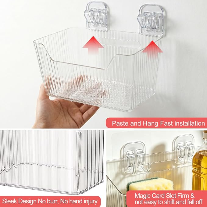Under Sink Sponge Holder, Cabinet Door Organizer, Stackable PET Organizer, Adhesive Wall Mounted Storage Bins for Kitchen Bathroom Pantry, Clear