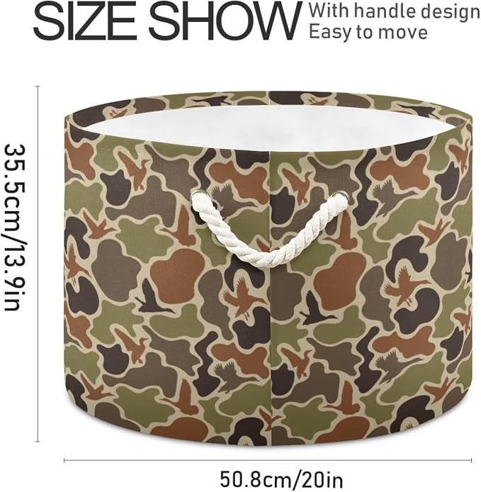 Duck Hunter Camo Collapsible Round Storage Basket with Handles | Camouflage Print Large Laundry Baskets Hamper, Clothes Organizer Bin for Bedroom Living Room Decor, 20x 20x 14 Inches