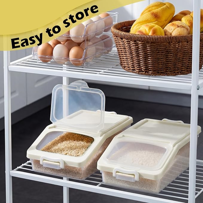 Blushtier 3 Pcs Rice Storage Container 11 lb Airtight Flour Container with Wheels Measuring Cup Clear Pet Food Dog Cat Birds Food Bin Grain Cereal Organizer Box for Dry Baking Supplies(Milky White)