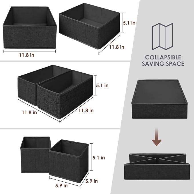 6 Pack Clothes Drawer Organizer Dividers, Fabric Foldable Closet Dresser Drawer Organizer for Clothing, Bra Sock Underwear Drawer Organizer for Nursery Bedroom Organization (6 Bins, Black)