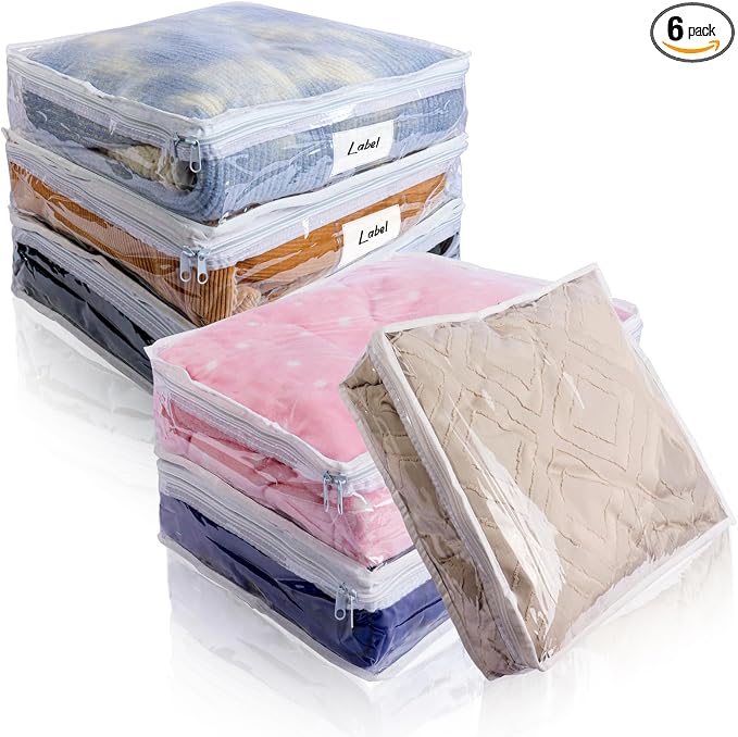 Clear Zippered Plastic Clothes Storage Bags, 6 Pack, White | Clear Storage Bags with Zipper Plastic Storage Bags for Clothes Sweaters Blankets Sheets, Size: 10.5 x 10.5 x 2.5 Inch