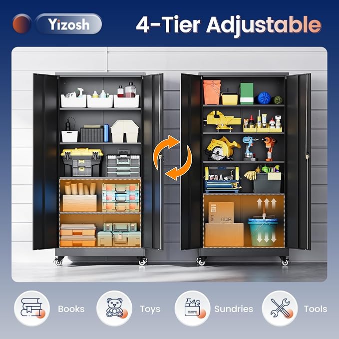 Metal Garage Storage Cabinet with Locking Doors and Adjustable Shelves,- 75" Rolling Steel Tool Cabinet for Home Office,Garage,Warehouse (Pack of 2)