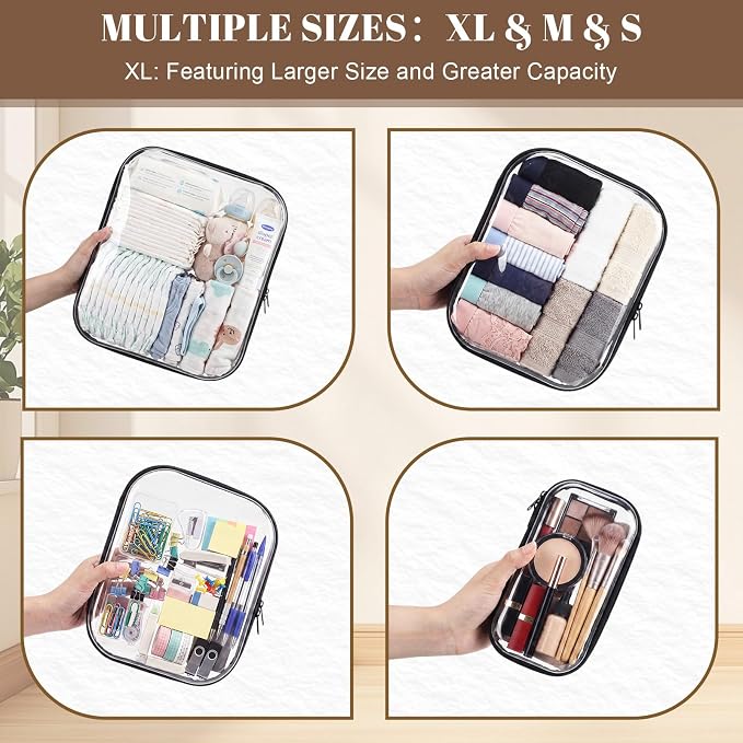 12 Pack Clear Hard Shell Zipper Case with 40 Labels, X-Large/Medium/Small Stackable Clear Pouches, Crush-resistant Travel Toiletry Bag Organizer for Makeup Board Games Electronics (Black)