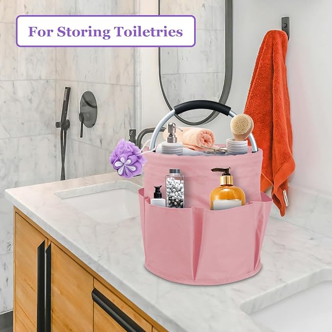 2Pcs 17L College Shower Caddy for Women, Bathroom Cleaning Caddy with Handle, 600D Oxford Fabric Cleaning Supplies Bucket, Multifunctional Storage Basket for Dorm, Family, Pink + Transparent
