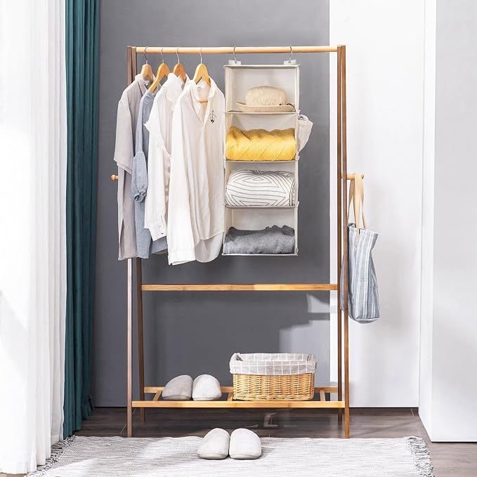 YOUDENOVA Hanging Closet Organizer and Storage for Clothes, 4-Shelf, Beige | Locker/RV/Camper Organizer, Side Pocket, Hanging Shelves for Small Closet, Dorm Room Essentials for Guys, Breathable Fabric