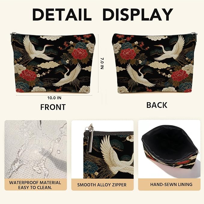 Vintage Oriental Cranes Makeup Bag Chinoiserie Floral Bird Cosmetic Bag | Travel Toiletry Bags, Toiletry Organizer Pouch Christmas Birthday Gifts for Women Mom Sisters Daughters Friends Bird Lover