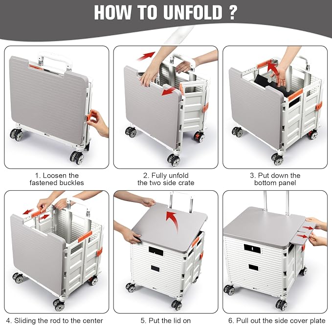 FELICON SELORSS Folding Utility Cart Portable Rolling Crate Handcart-White | Magnetic Sliding Lid,Telescoping Handle,Plastic Box Dolly,360°Swivel Wheels for Travel Shop Move Laundry Office Teacher Use