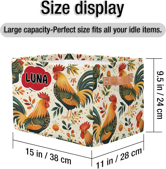Custom Storage Baskets for Kids Name, Large Foldable Organizer Collapsible Storage Bin with Leather Handle for Home Toys Closet Nursery, Farmhouse Cock Rooster