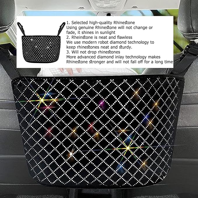 zipelo Bling Car Net Pocket Handbag Holder, Rhinestone Vehicle Backseat Purse Organizer Between Seats, Diamond Hanging Storage Bag Barrier of Pet Kids, Universal Automotive Accessories (White)