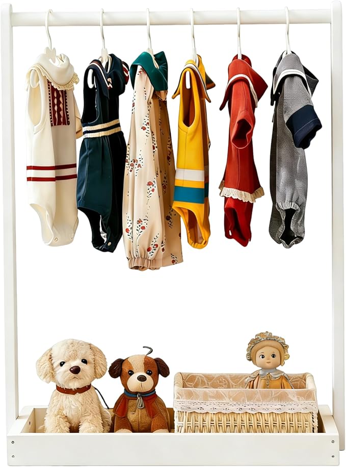Baby Clothing Rack for Baby Shower, Pets Clothes Rack with Storage Box & Hanging Rod for Dogs Cats Dolls Clothes Display, Mini Baby Shower Crate Closet Rack (White)