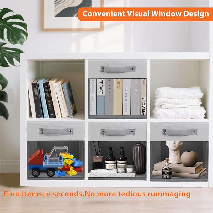 3-Pack Foldable Storage Cubes with Clear Window,Heavy Duty Fabric Storage Bins for Closet,Nursery,Office,Dorm & Home Organization,Space-Saving Box Organizer Basket for Books,Clothes,Toy (Gray & White)