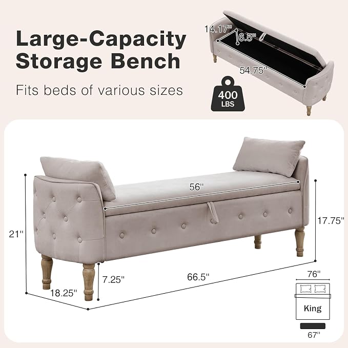 67"End of Bed Storage Bench King Size,Upholstered Bedroom Bench,Khaki | Linen Storage Bench for Bedroom End of Bed ,2 Cushion, Vintage Wood Legs ,Tufted,Storage Ottoman Bench for Entryway Window