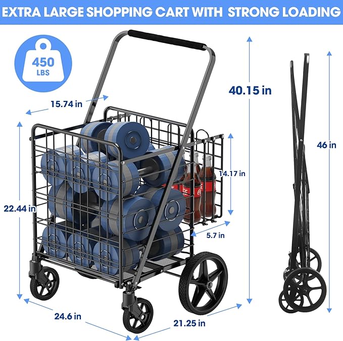 450lbs Capacity Shopping Cart,Upgrade Huge Grocery Cart on Wheels | Heavy Duty Foldable Utility Shopping Carts with Double Basket and 360° Rolling Swivel Wheels for Groceries Laundry Transport
