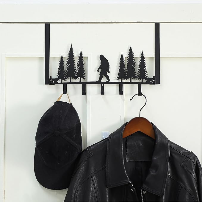 AceOrbit Black Bigfoot Over The Door Hooks Hanger 5 Hooks Rustic Decor | for Bedroom Bathroom, Organizes Towels Hats Clothes, Farmhouse Decor, Over the Door for Kids