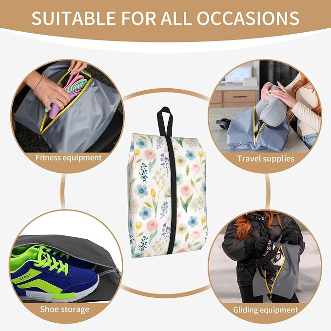 Watercolor Floral Rose Tulip Travel Shoe Bag for Men & Women, Waterproof Shoe Storage Organizer with Zipper, Portable Shoe Pouch for Sneakers, Heels, Sandals, Gym & Travel Luggage 2PCS