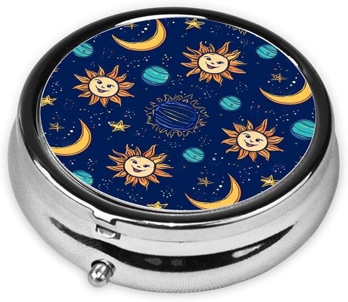 Mini Pill Organizer, Vintage Astrology Star Trippy Sun Moon Round Compact Dispenser, Portable Holder for Fish Oil, Travel Pill Box Purse Use for Students