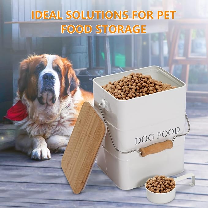 Morezi Metal Dog Food Storage Container 5~6 lbs, Pet Food Treat Canister | Airtight Dog Treat Food Storage Tin with Wooden Lid and Scoop- Powder Coated Carbon Steel- for Dry Dog Cat Food Kibble-White
