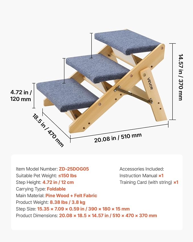 VEVOR Wood Pet Stairs, 3-Step Dog Stairs for Beds, Sofa & Cars, 150lbs Load Capacity, Floded Flat Design, Stable & Sturdy Cat & Dog Step Ladder for Small Medium Large Older Pet Puppy Essentials