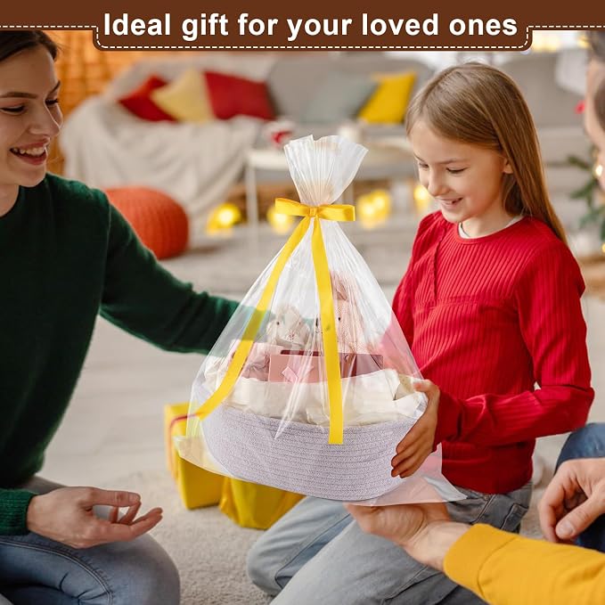 OIAHOMY Gift Basket with Handle, Small Woven Basket with Gift Bag, Ribbon and Wrap Tissue Paper, Nursery Bins Empty to Fill with Small Items, Baby, Pet Toy Organizer - Purple