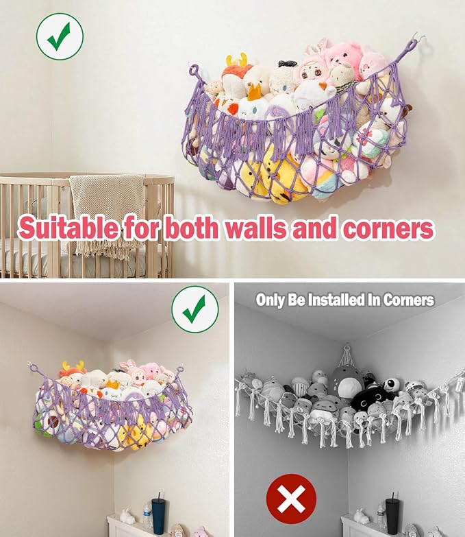 Stuffed Animal Net Hammock, Save Space Eliminate Clutter (Lavender) | Premium Cotton Hand-knitted plush hammock, Boho Stuffed Animal Storage for Nursery, Bedroom Decor, playrooms