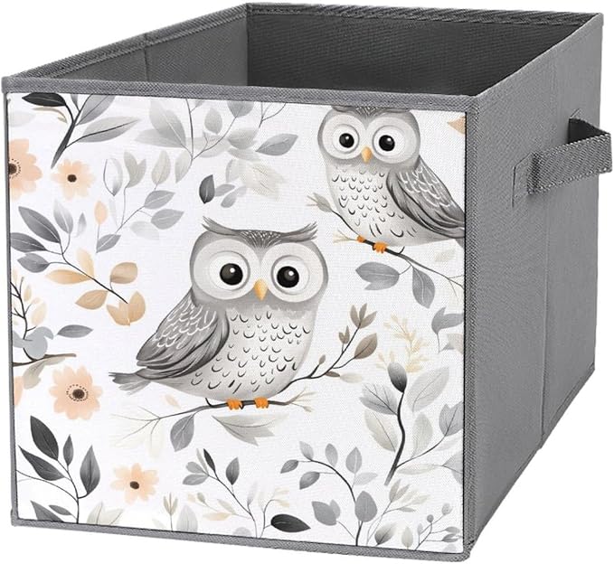 Whimsical Owl Foldable Storage Bins, 10.6" Cube Storage Organizer, Sturdy Oxford Cloth Fabric Baskets for Closet, Shelf, Nursery, Bedroom, Decorative Printed Box for Toys & Clothes