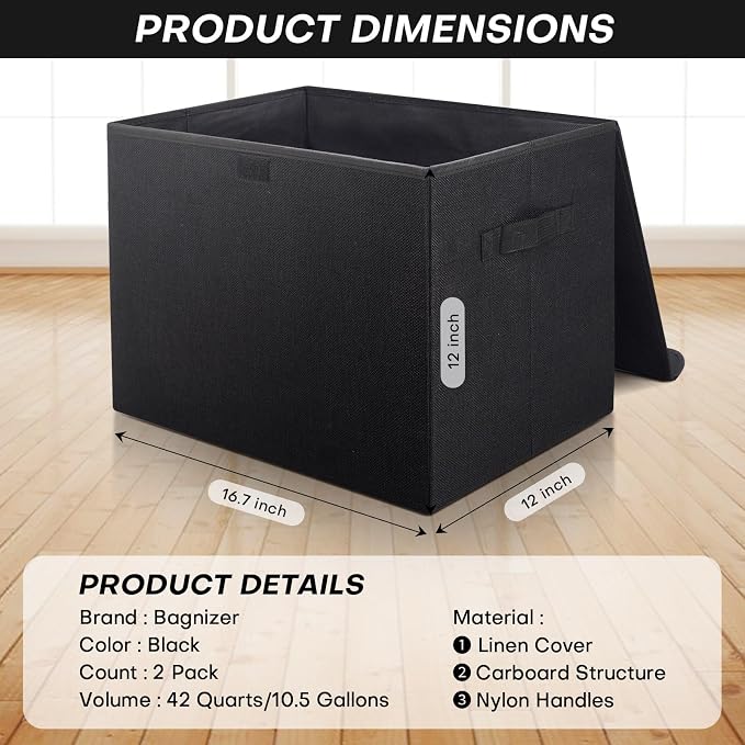 Large 42 Quarts Fabric Storage Bins with Lids [2-Pack] Linen Collapsible Foldable Storage Cubes, Closet Organizer Containers boxes with Handles for Home Office (16.7 x 12 x 12, Black)