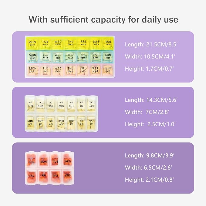 Lexeeco Travel Pill Case for Purse with Weekly Pill Organizer 3 Times a Day | Cute Am Pm Pill Box 7 Day ,Travel Medicine Organizer Pill Container Holder for Vitamins,Fish Oils,Medication,Medical Supplies