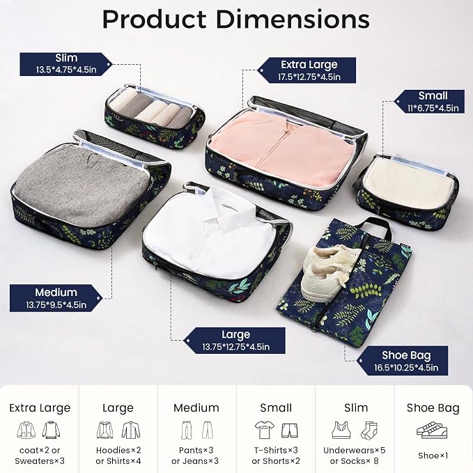 BAGAIL 4 Set/6 Set/8 Set Compression Packing Cubes Travel Accessories Expandable Packing Organizers (Half Mesh, 6-Navy Leaf)