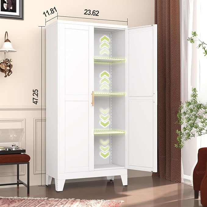 GAIOUS Metal Pantry Cabinet, Kitchen Pantry Storage Cabinets with 2 Door | and 3 Adjustable Shelves, White Kitchen Pantry Cabinet, Freestanding Cupboard for Dining Room Living Room Bathroom