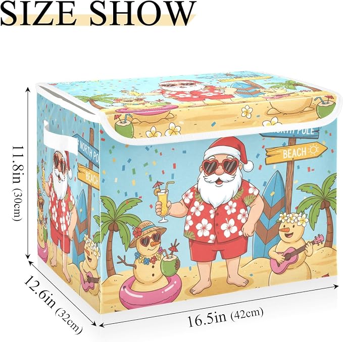 Fabric Storage Bins with Lid Tropical Santa Beach Closet Storage Basket 40L | Foldable & Stackable, Flip Top Dust Guard, Reinforced Handles, Home & Bedroom, Clothes & Toys, Oxford Print Basket